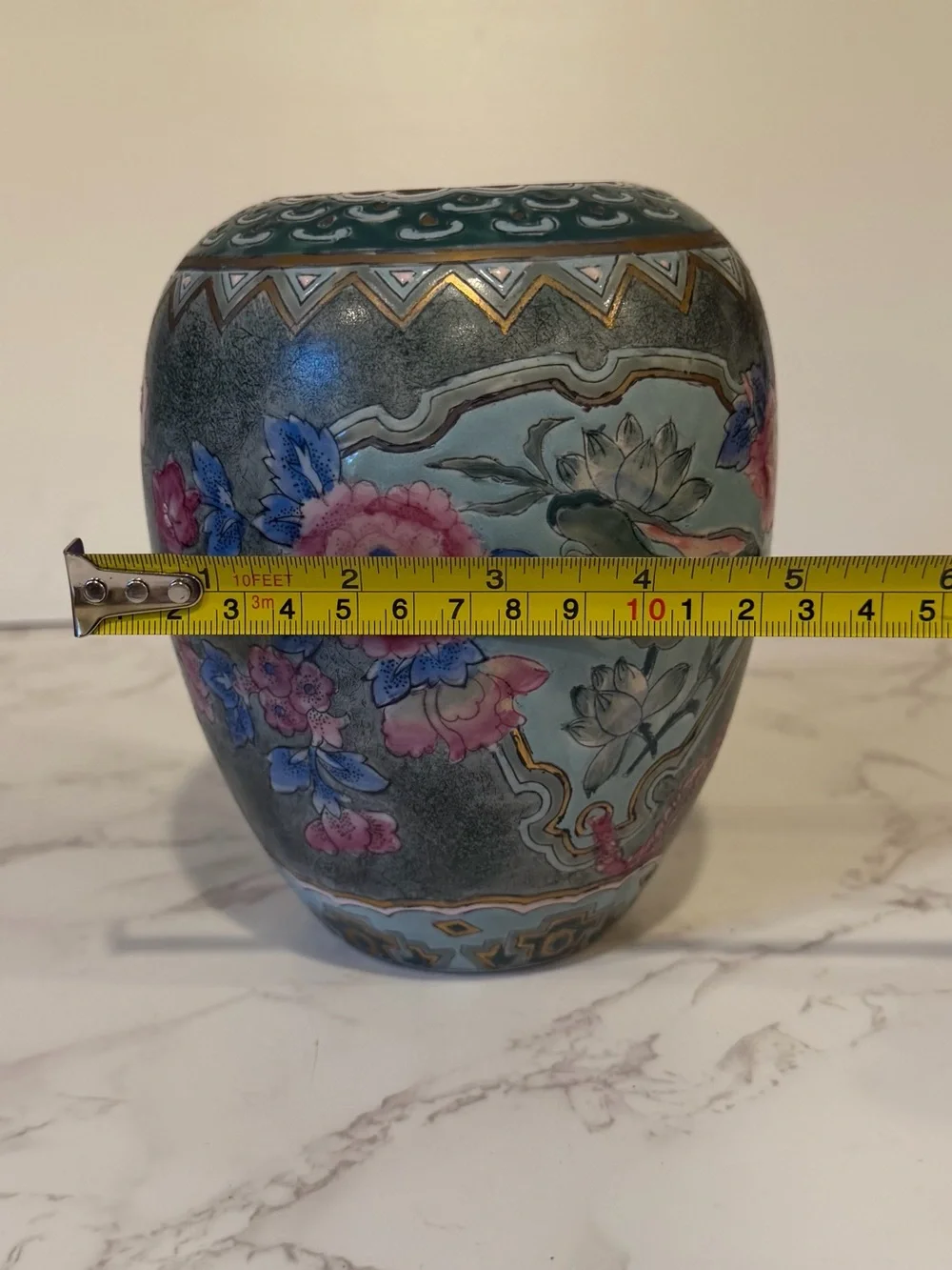 Vintage Chinoiserie Hand Painted Porcelain Ginger Jar Vase Floral Lotus 6.5”